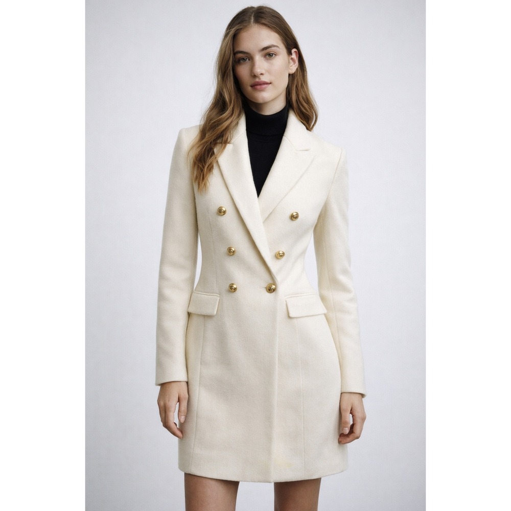 Zara Ivory off white Double Breasted Wool Coat XS Gold Buttons Minimalist Chic